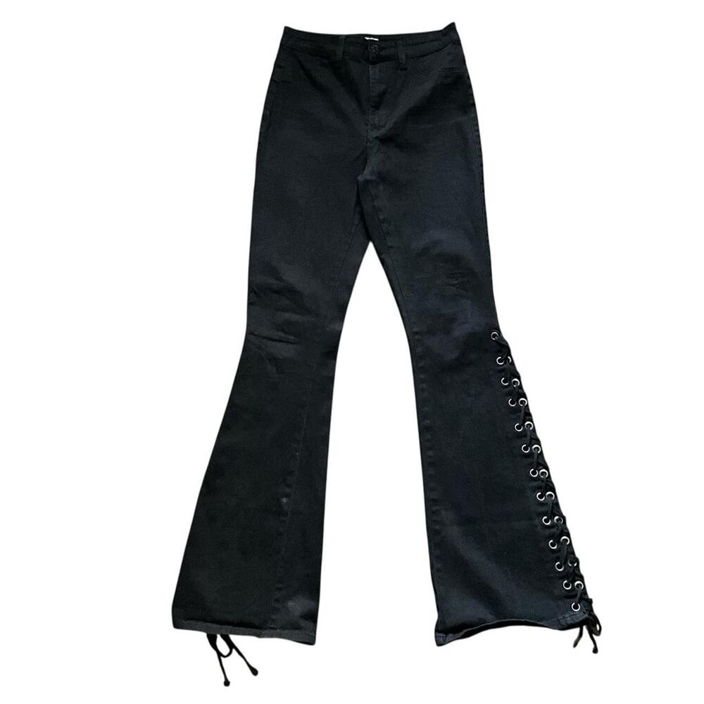 AP Blue Black Lace-Up Flare Pants: Y2K, 2000s